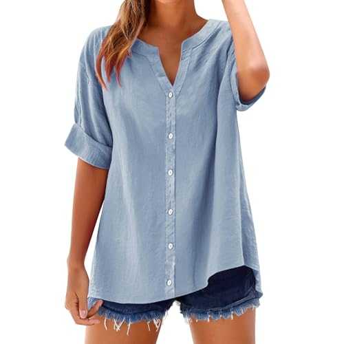 Womens Linen Tops Uk 2025 Short Sleeve Plus Size Shirts Summer Cotton Linen Button Down Blouses Solid Colour Ladies Casual V Neck Roll Up Sleeve Oversized Tees Loose Lightweight Dressy Blouses