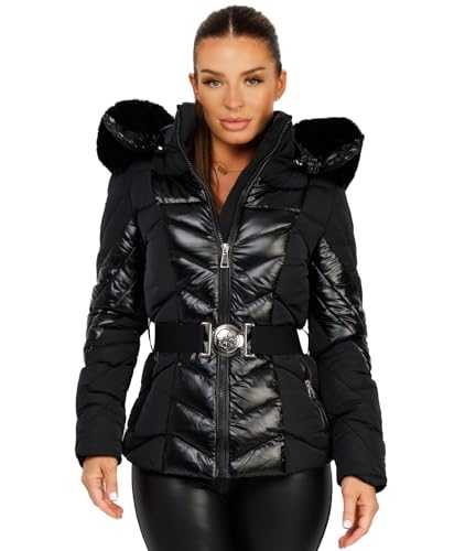 Lexi Fashion Women Metallic Quilted Padded Waist Belted Faux Fur Hooded Ski Puffer Jacket