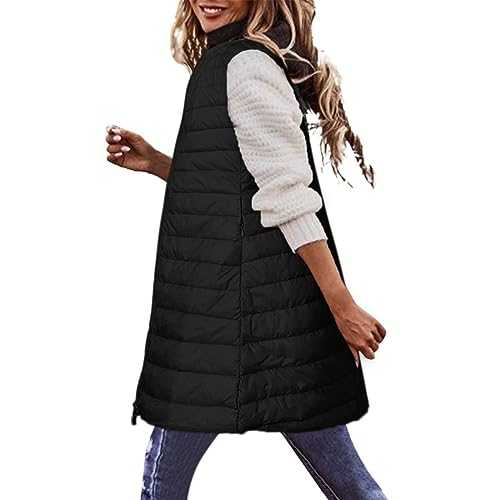 Womens Diamond Quilted Padded Long Sleeveless Jacket Funnel Neck Outerwear Ladies Waistcoat Gilet Longline Coat Bodywarmer without hood Vest Adjustable Waist Sale Clearance