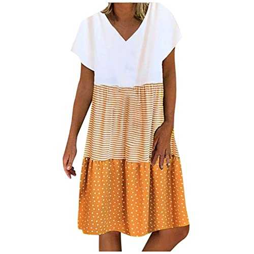 Smock Dresses for Women UK Sale Clearance Polka Dot Stripe Solid Patchwork Printed Dresses Casual V-Neck Short Sleeve Summer A Line Dresses Beach Sundress Knee Length S-5XL