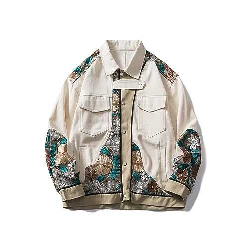 Men'S Denim Jacket, Embroidered Flower Jackets For Mens Clothing Coat Men'S Patchwork Coats New Outerwear Bomber Tops Button Down Jean