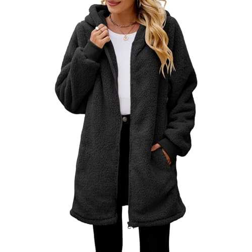 Womens Oversized Zip Up Sherpa Jacket Fall Winter Fuzzy Fleece Hoodie Outerwear Warm Casual Long Coat with Pocket