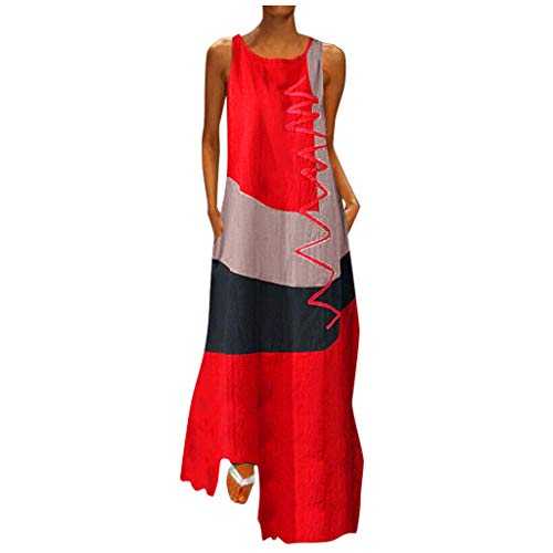 HOOUDO Women’s Summer Long Dresses Loose Longline Casual Dresses Print O Neck Boho Maxi Dresses Holiday Skater Tank Sun Dress Plus Size