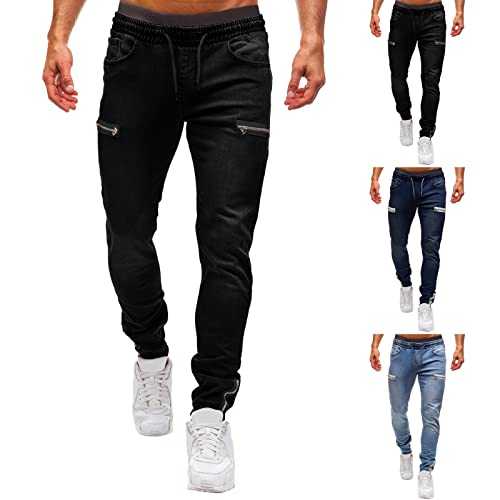 Mens Cuffed Jeans Elasticated Waist Jogger Style Denim Pants Cuffed Bottom Mens Jeans Pure Colour Jean with Zip Pocket Slim Fit Outdoor Sweatpants Comfort Casual Trousers Drawstring Cotton Trouser
