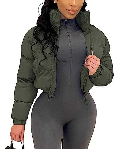 Angsuttc Puffer Jacket Womens Cropped Zip Up Padding Warm Quilted Jackets Winter Coats