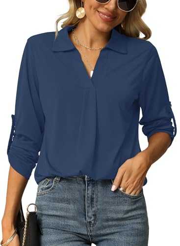 Odosalii Womens Casual V Neck Tunic Blouses Rolled Up Sleeve Basic Top Plain Shirts