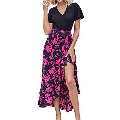 AMhomely Summer Dresses for Women Short Sleeve V Neck Boho Floral Print Ruffle Wrap Cocktail Maxi Dresses Summer Beach Swing Dresses Casual Party Bohemian Flowy Long Dress for Ladies