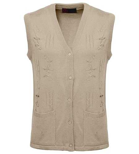 Maan Store Women's Sleeveless Knitted Waistcoat Button-Up Cardigan with Embroidery and Front Pockets V Neck Ladies Pull Over Sweater