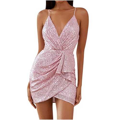 Women V Neck Mini Dress Sparkly Sequin Short Dress Y2k Sleeveless Bodycon Club Dress Glitter Evening Dress Disco Club Prom Ball Gowns Clubwear for Ladies UK