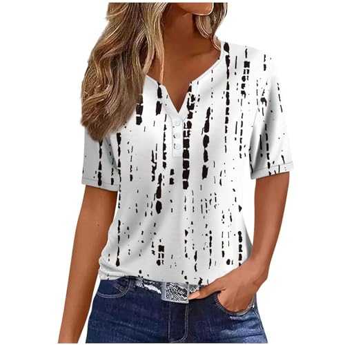 Summer Tops for Women UK Sale Elegant Blouse Shirts UK Plus Size Vacation Trendy Dressy Blouses V Neck Button Floral Short Sleeve T-Shirts Casual Loose Comfy Stretch Tunic Top
