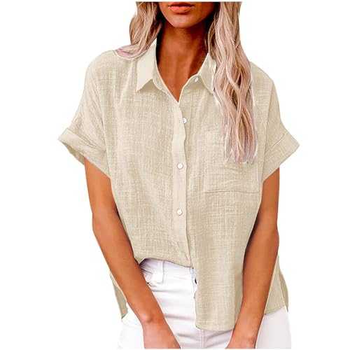 FunAloe Linen Blouse Women Summer Casual Shirt Summer Tshirts Women Oversized Shirts Overshirts Women UK Fitted Comfortable Button Up Shirt Short Sleeve Solid Color Cheesecloth Tops