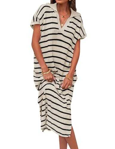 ZESICA Women's Summer Striped Maxi Dress 2024 Casual Short Sleeve V Neck Loose Knitted Side Slit Long Sweater Dresses