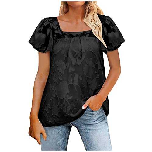 Tunic Tops for Women UK Square Neck Vintage Floral T Shirt Ladies Retro Tops Loose Casual Shirts Puff Short Sleeve Plain Longline Summer Tee Shirts Long Length Blouse for Leggings
