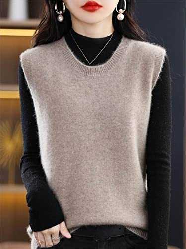 Sleeveless Knitted Waistcoat Women,Ladies Crew Neck Wool Feel Knitted Sweater Vest Winter Sweater Tank Top Trendy Dark Camel Sleeveless Pullovers Overlay Wear Inside Wear Outside