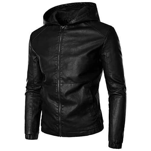 Arestory Men's Black Hooded Leather Jacket Clearance, Mens Motorcycle Jackets Zip-Up Overcoat Military Bomber Faux Leather Windbreaker Coat Slim Fit Coats Hoodie Punk PU Outwear Windbreaker