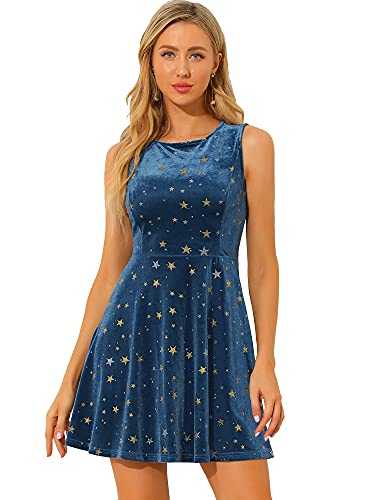 Allegra K Women's Shiny Stars Print Sleeveless Swing Mini Velvet Dress