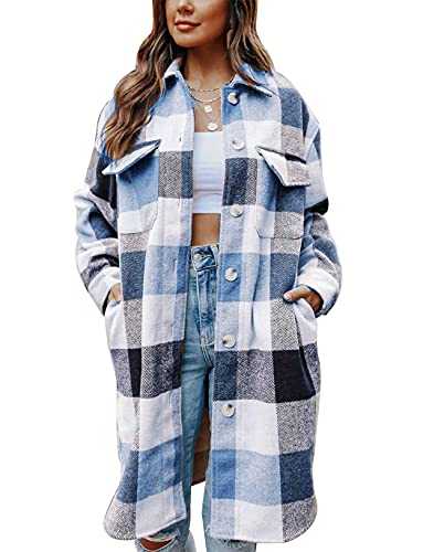 Haellun Womens Casual Plaid Wool Blend Pea Coat Button Down Shacket Shirt Long Jacket