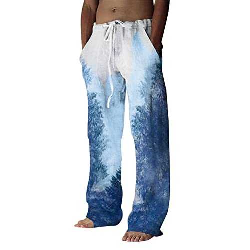 HELLORSOON Mens Linen Loose Trousers,Men's Drawstring Elastic Solid Color Loose Casual Pants Lightweight Summer Trousers Stretchy Drawstring Waist Yoga Pant Cotton Jogging Bottoms Mens Baggy Joggers