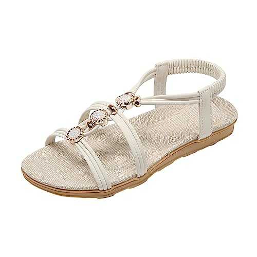 WILLBEST Womens Sandal Wedge Heel Beads Adjustable Ankle Strap Shoes Wide Fit with Memory Foam Insole Touch Close Strap Dress Sandals Party Wedding Prom Flat Slide Mules Sandal