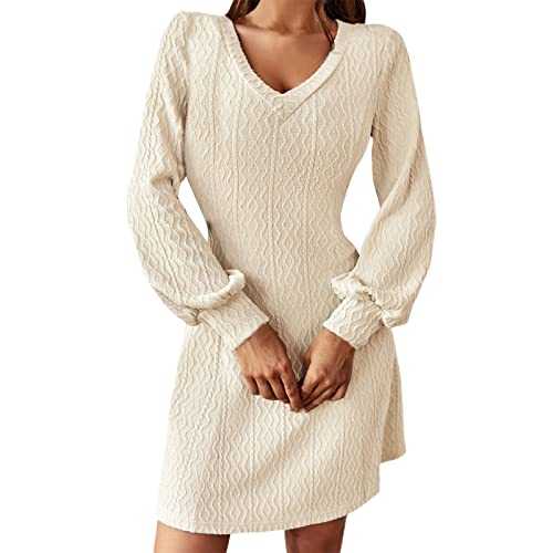 Knitted Jumper Dresses for Women UK, Women's Long Sleeve Fashionable Solid Sexy V Neck Knit Dress Warm Temperament Skirt Casual Tunic Pullover Knitwear Sale Clearance Evening Dress for Autumn Winter
