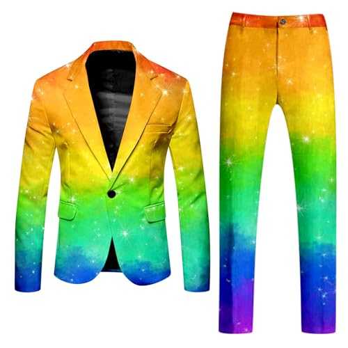 RUMAOZIA Carnival Suit Men's Slim Fit Neon Coloured Suit 2-Piece Funny Novelty Rainbow Suit Jacket Suit Trousers Neon Party Outfit Rainbow Colourful Carnival Costume Including Blazer Trousers