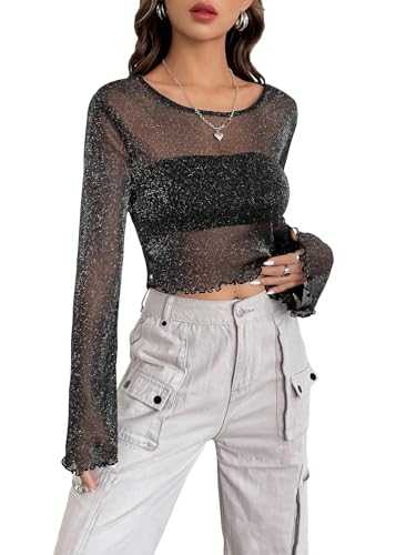 GORGLITTER Women's Sheer Mesh Tee Shirts Lettuce Trim Long Sleeve Sexy See Through Crop Tops