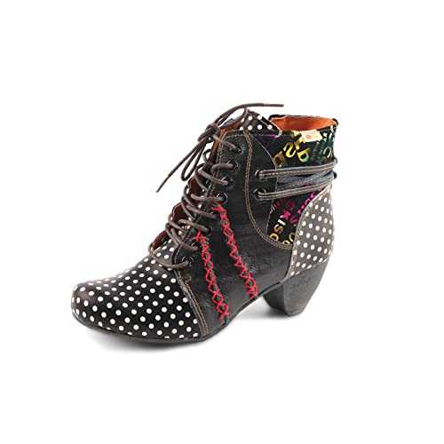 CHSHOER Women's Retro Polka Dot Leather Patchwork Booties Low Heel Lace-up and Zipper Women's Ankle Boots