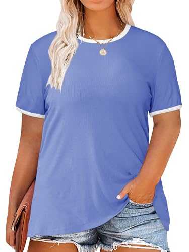 TAKEYAL Women's Plus Size Tops Short Sleeve T Shirts Ribbed Knit Crewneck Color Block Basic Sweater Tops XL-5XL
