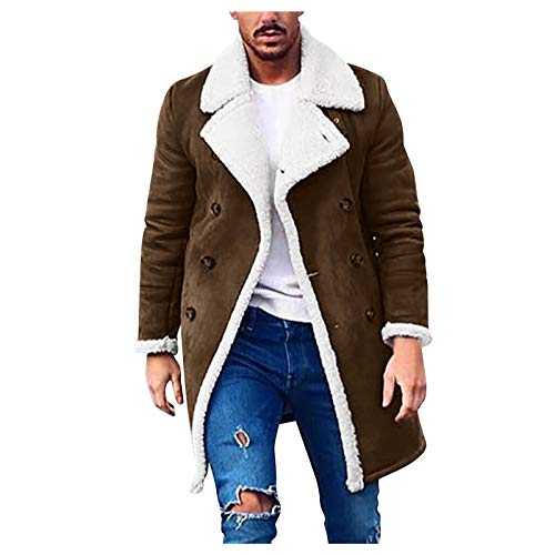 HAOLEI Mens Winter Coat UK Sale Clearance Long Fleece Jacket Mens Fleece Lined Thicken Trench Coats Lapel Collar Double Breasted Overcoat Long Sleeve Peacoat Comfy Outerwear with Pockets