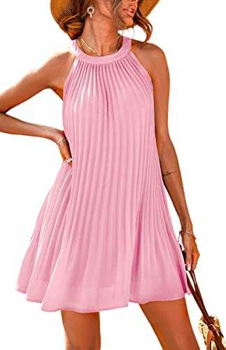 PRETTYGARDEN Women's Cute Halter Neck Sleeveless Mini Dress Solid Color Flowy Pleated Beach Dress Sundress