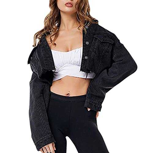 SIGOYI Cropped Denim Jacket For Women Button Up Plain Distressed Jackets Teen Girls Trendy Borg Collar Outdoor Sportwear