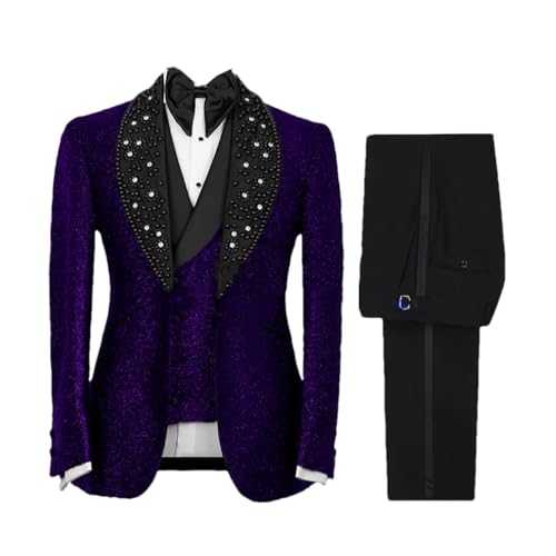 Mens Suits 3 Pieces Sequins Slim Fit Wedding Party Beads Satin Lapel Blazer Jacket Pants Set