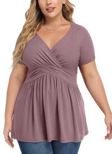 TIANZHU Womens Plus Size Casual T Shirts Short Sleeve Summer Tops Loose Fit Shirt Wrap V Neck Blouse