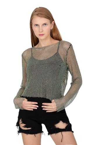 BAHAR CRYSTAL Women Fishnet Blouses with Rhinestones