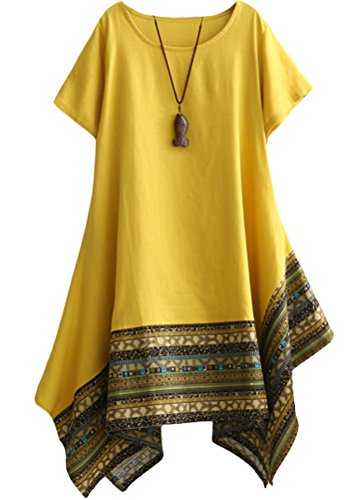 Vogstyle Women's Summer Cotton Linen Short Sleeve Tee Shirt Dress Irregular Hem Tunic Yellow XL
