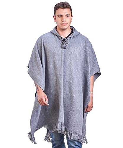 INTI ALPACA Alpaca Hooded Poncho for Men- Wool Cape with Hood - Winter Long Poncho - Comfortable House Coat-Solid Color