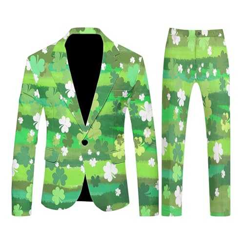 Men's St. Patrick's Day Shamrock Suit - Green Lucky Clover Printed Blazer and Pants - Stylish Slim Fit Two-Piece Suit - Lightweight Festival Party Outfit - Unique Irish Themed Costume