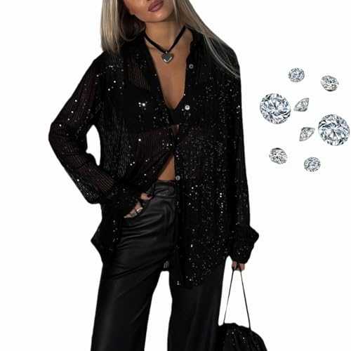 HESYSUAN Fashionable Sequin Long Sleeve Turn-down Collar Casual Shirt,Elegant Sequin Glitter Blouse Sparkly Sequin Top for Women Party