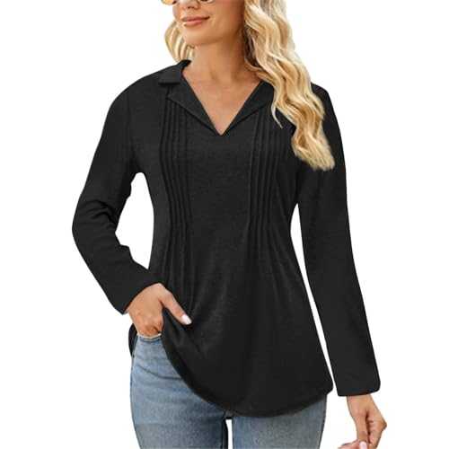 Women's Lapel Fold Loose Long Sleeve Solid Color T Shirt Fashion Casual Top Women's V Neck Long Sleeve Tops Women Printed Long Sleeve T-Shirt Birthday Gifts for Women Bargains of The Day Sale