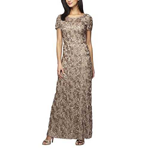 Alex Evenings Women's Long A-line Rosette Dress with Short Sleeves and Sequin Detail Special Occasion