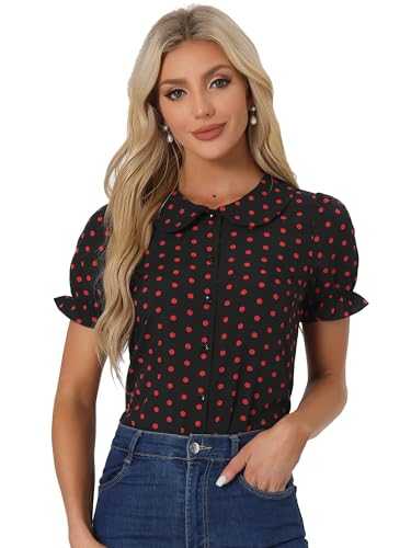 Allegra K Women's Polka Dots Shirt Short Puff Sleeve Vintage Button Up Peter Pan Collar Blouse Tops