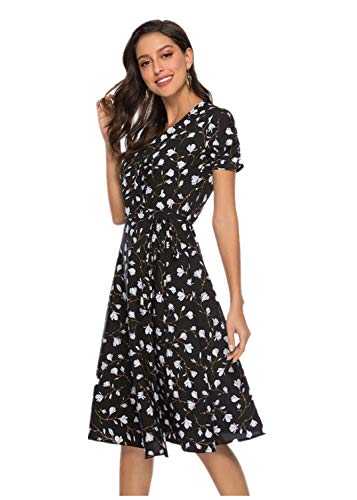 Women Dresses ESAILQ V Neck Floral Print Dress Ladies Short Sleeve Party Dress Boho Beach Dress(Black ,UK-14/CN-L)