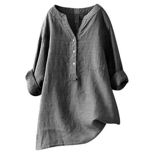 Celucke Womens Cotton Linen Shirts, Solid Color 3/4 Sleeve Tunic Tops, Oversized Tshirts Casual V Neck Dressy Blouses, Spring Tops for Women 2025, Womens Summer Plus Size Linen Shirts for Women