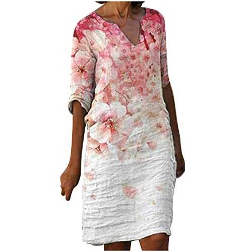 AMhomely Womens Dresses Linen Dresses Summer V Neck 3/4 Sleeve Floral Knee-Length Dress Loose Casual T Shirt Dresses Mini Sundress Ladies Tshirt Dress Boho Beach Midi Flowy Dresses