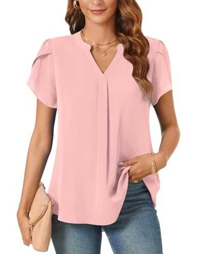 Aodemo Women's Summer Chiffon V Neck Blouses Tulip Short Sleeves Dressy Tunic Office Tops Casual Loose T-Shirts