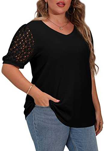 OLRIK Plus Size Tops for Women Summer Blouse Waffle Knit Short Lace Sleeve Shirts