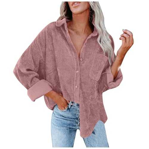 Womens Corduroy Jacket Oversized Blouses Tops Long Sleeve V Neck Casual Warm Jacket With Pockets Winter Work Clothes