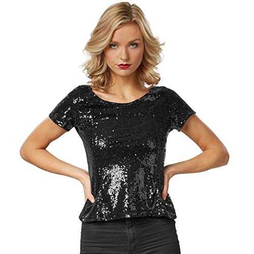 dressforfun 901013 Ladies Sequin Top, Glitter Short Sleeve Top, gold - different sizes -