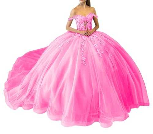 Sparkly Sequin Quinceanera Dresses Lace Off Shoulder Pageant Gowns with Train Princess Puffy Tulle Ball Gown