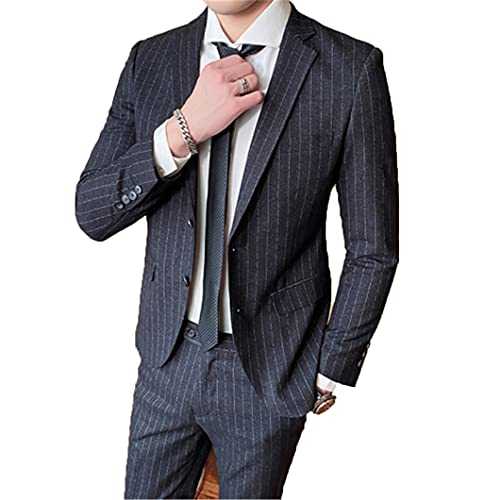 Men Blazers Pants Plaid Stripe Suit Slim Fit Groom Business Wear 2 Piece Set